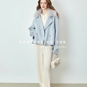 Couture by Suk Powder Blue Wool Coat with Fur Collar